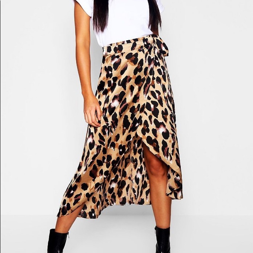 Leopard Print Satin Wrap Skirt